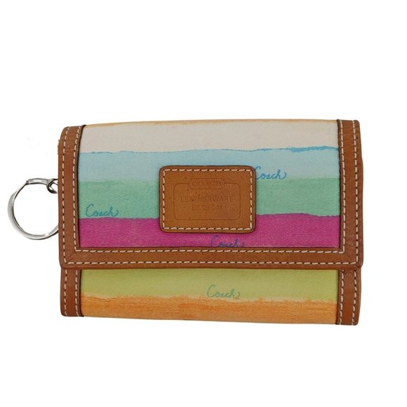 Coach Handbags - COACH Pastel Striped Signature Fabric & Leather Wallet  Key Ring Good Pre-Own